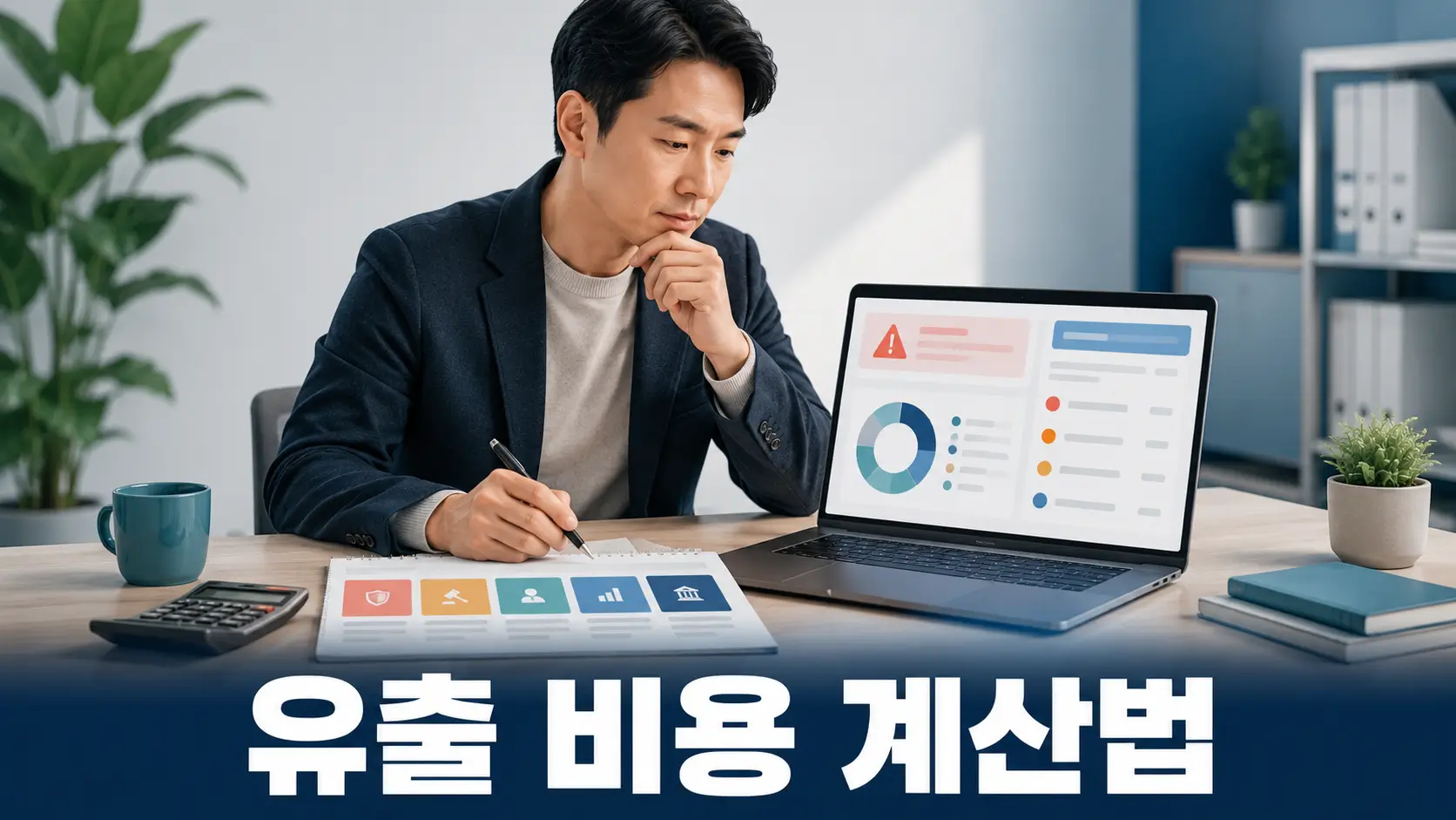 개인정보 유출 사고 후 노트북과 계산기를 보며 손해배상과 사고 대응 비용을 검토하는 한국인 사업자