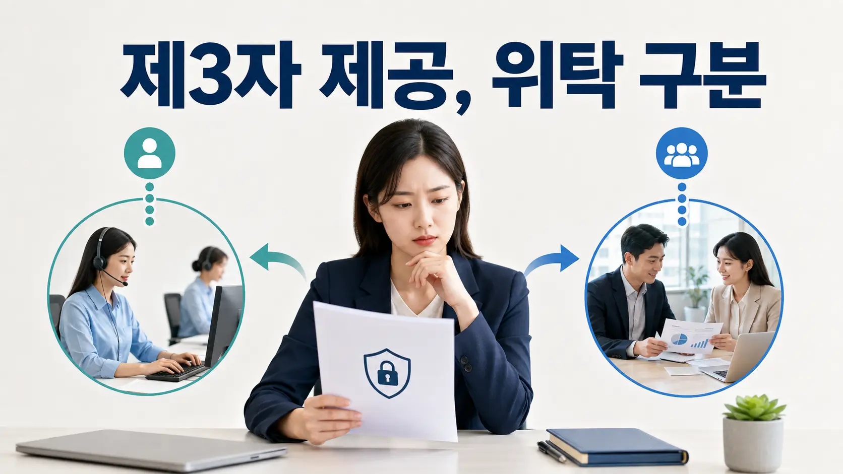 개인정보 제3자 제공과 처리 위탁의 차이를 검토하며 외부 업체의 개인정보 이용 목적을 비교하는 모습