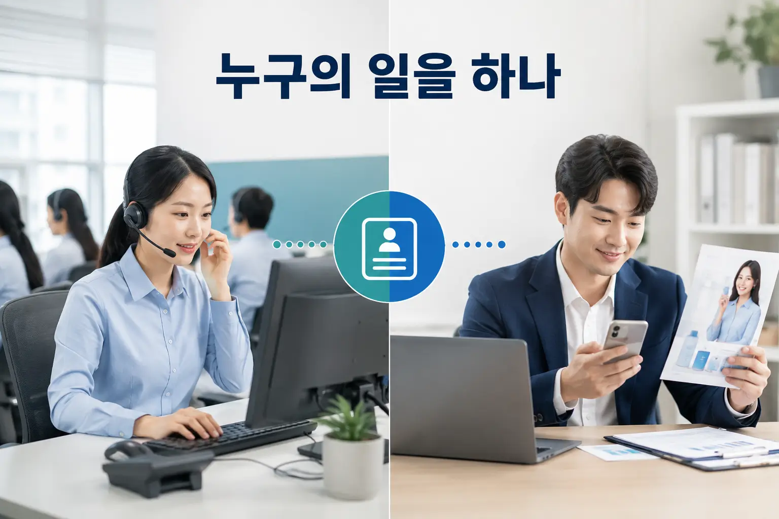 외부 콜센터의 업무 위탁과 제휴사의 독자적 영업 목적 개인정보 이용을 대비해 제3자 제공과 처리 위탁의 차이를 보여주는 장면