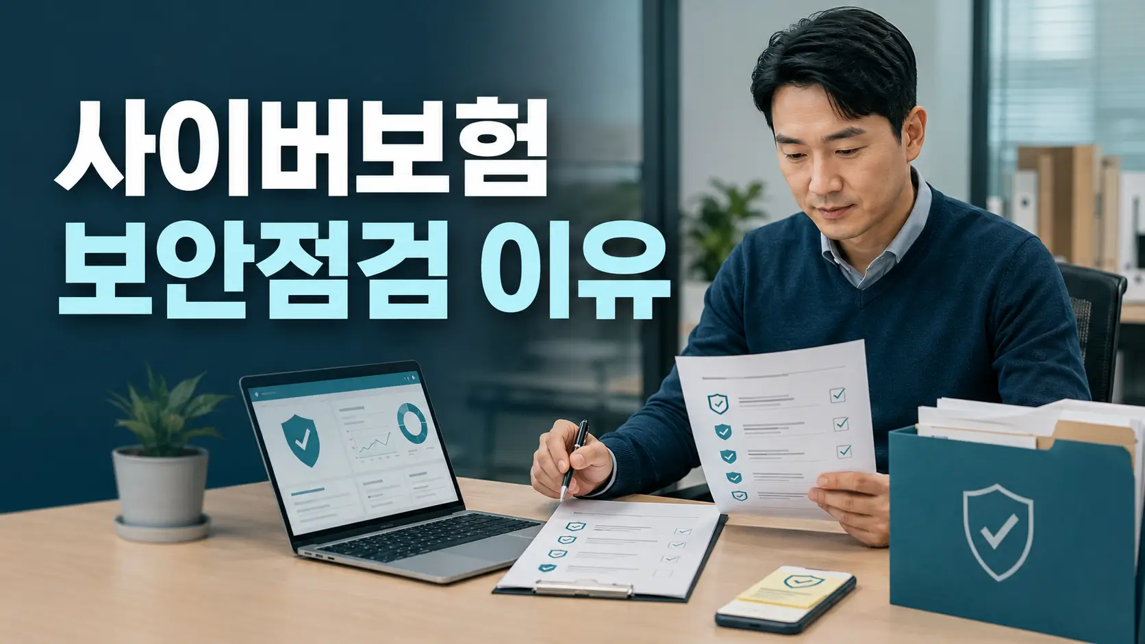 사이버보험 가입 전 보안점검 질문서와 보안 상태를 확인하는 중소기업 담당자