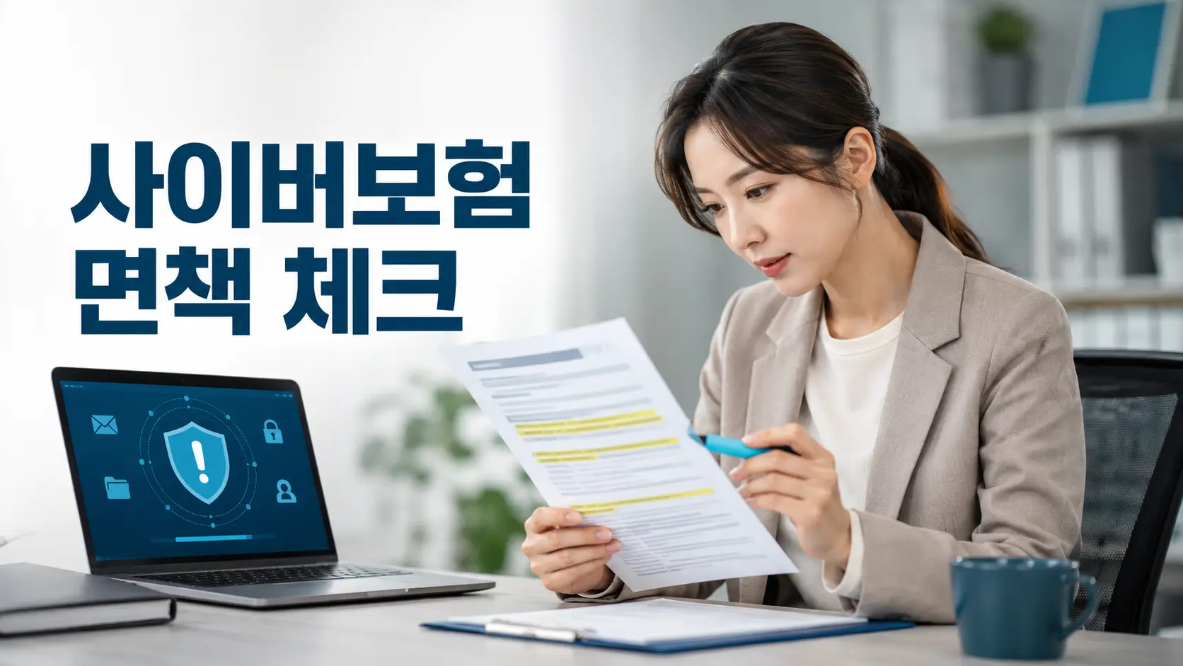 사이버보험 가입 전 면책조항이 표시된 약관을 검토하는 중소기업 담당자와 사이버 보안 경고 화면