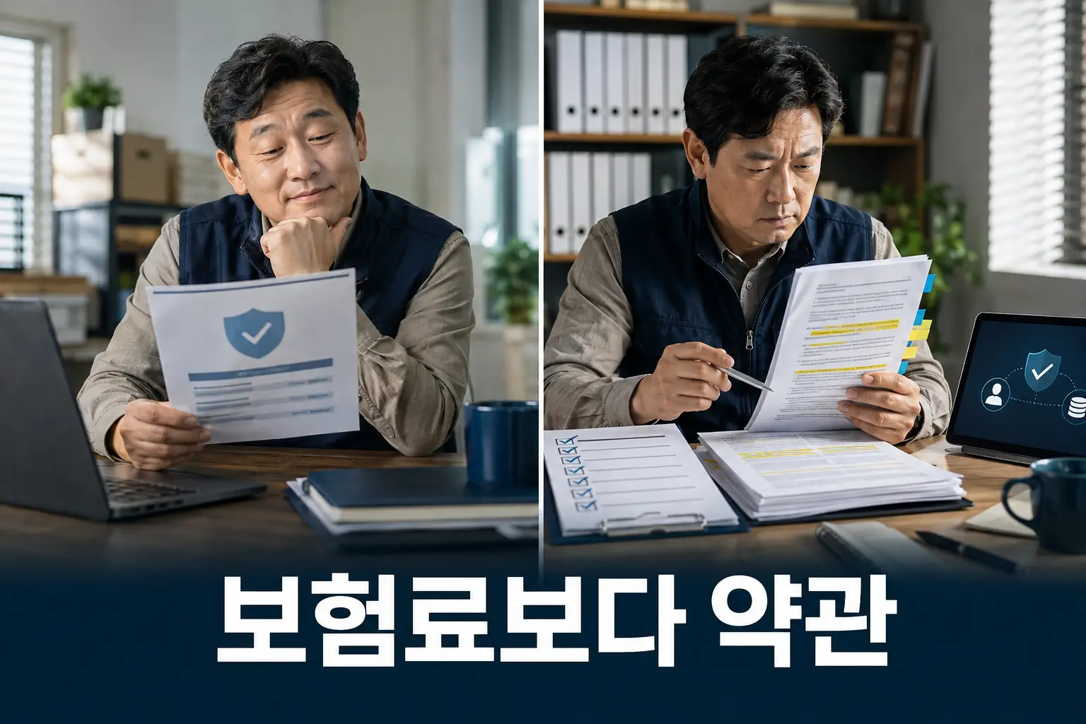 사이버보험 견적에서 보험료만 보는 경우와 면책조항·특약·보안조건까지 꼼꼼히 비교하는 경우를 대비한 장면