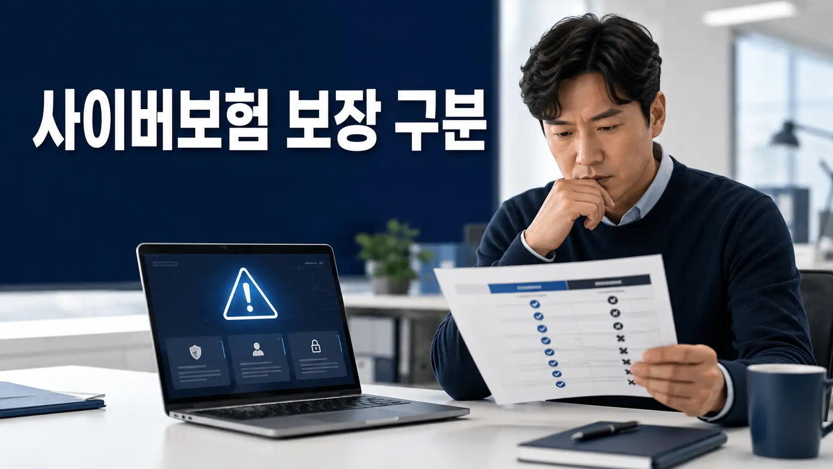 사이버사고 경고 화면과 보험 보장 체크리스트를 함께 확인하는 한국인 사업자
