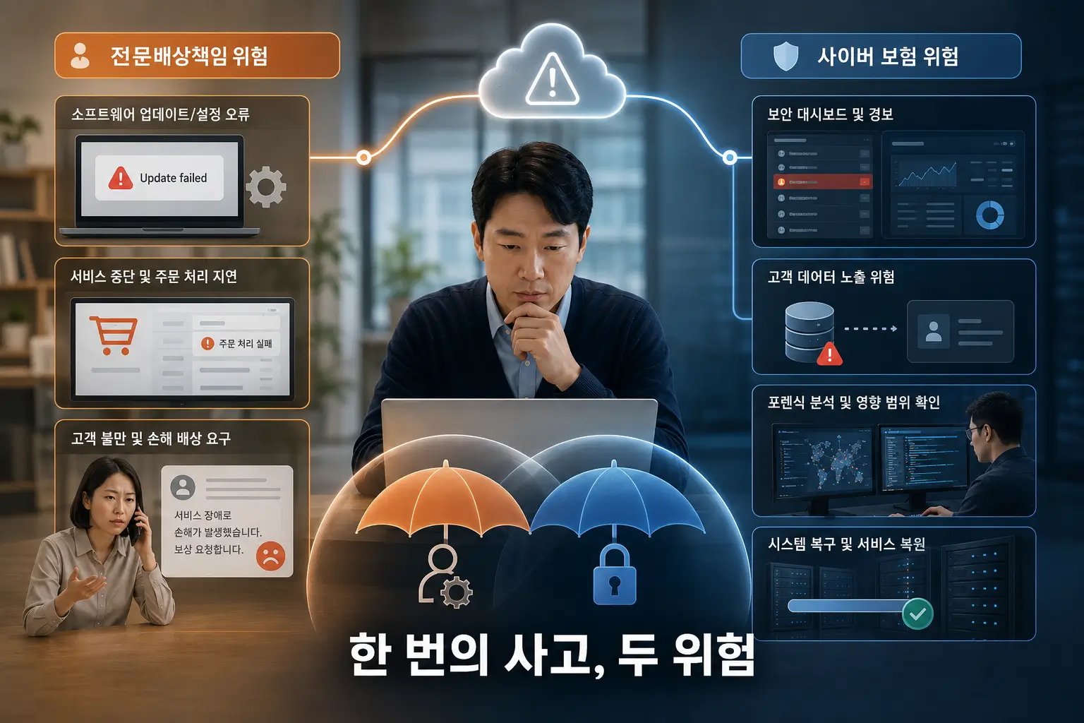 IT·SaaS 사고 하나에서 소프트웨어 오류에 따른 전문배상책임 위험과 개인정보 유출·복구 등 사이버 위험이 동시에 발생하는 상황