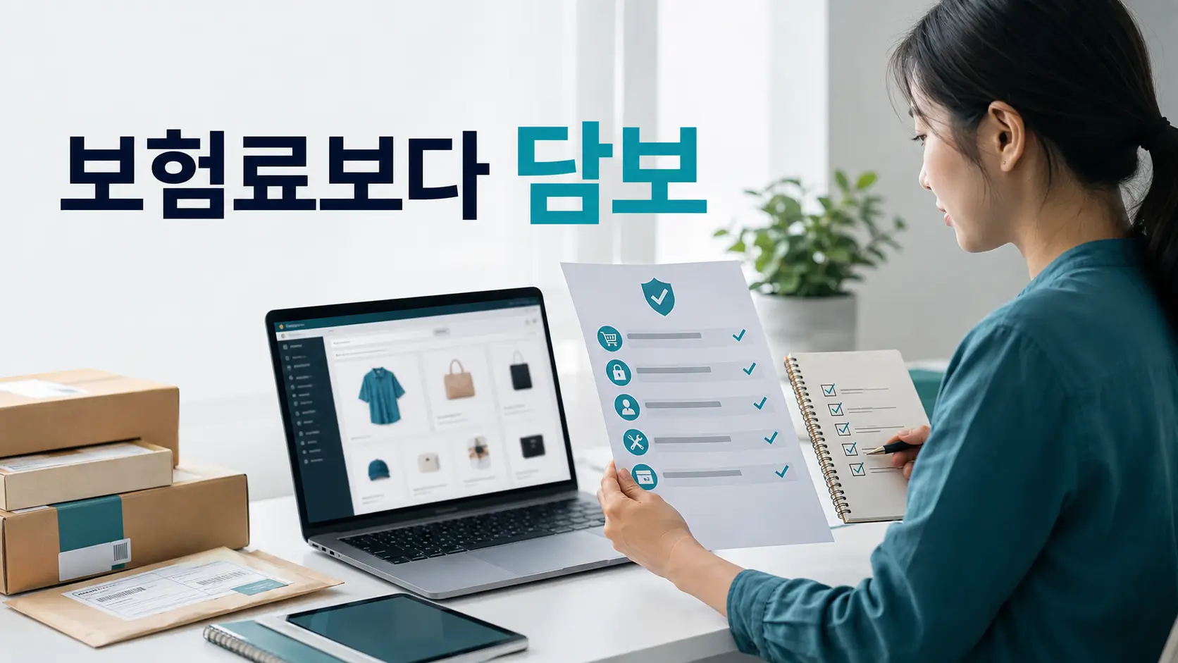 쇼핑몰 사업자가 노트북과 사이버보험 보장 체크리스트를 보며 보험료보다 필요한 담보를 비교하는 모습