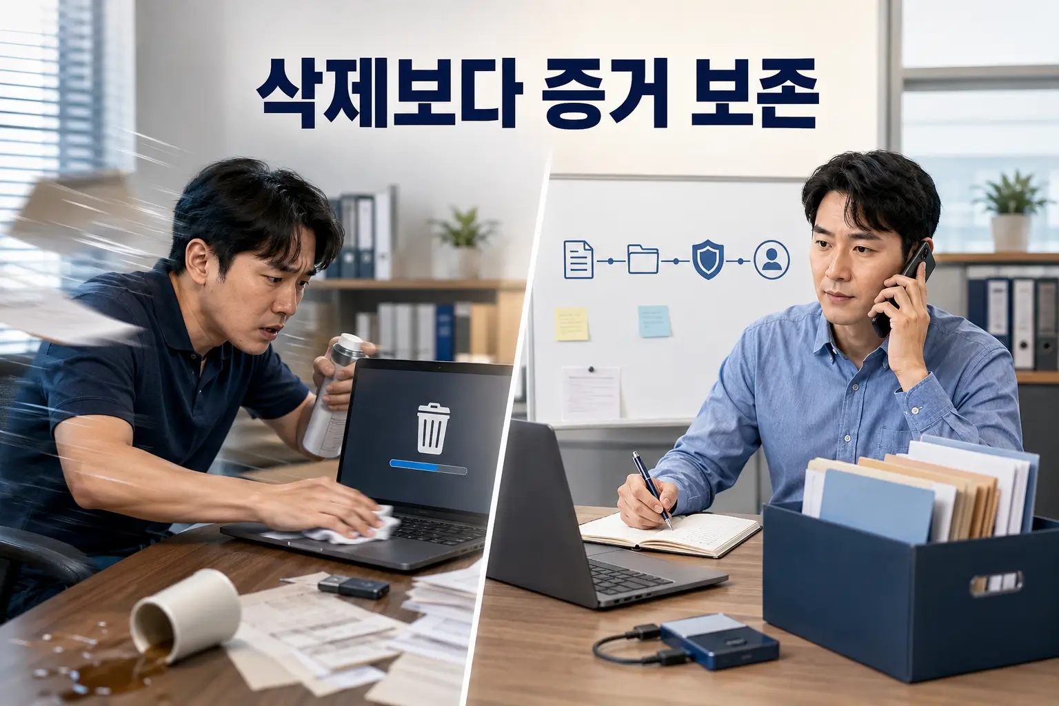 개인정보 사고 직후 컴퓨터 기록을 삭제하는 잘못된 대응과 로그·원본 자료를 보존하는 올바른 대응 비교