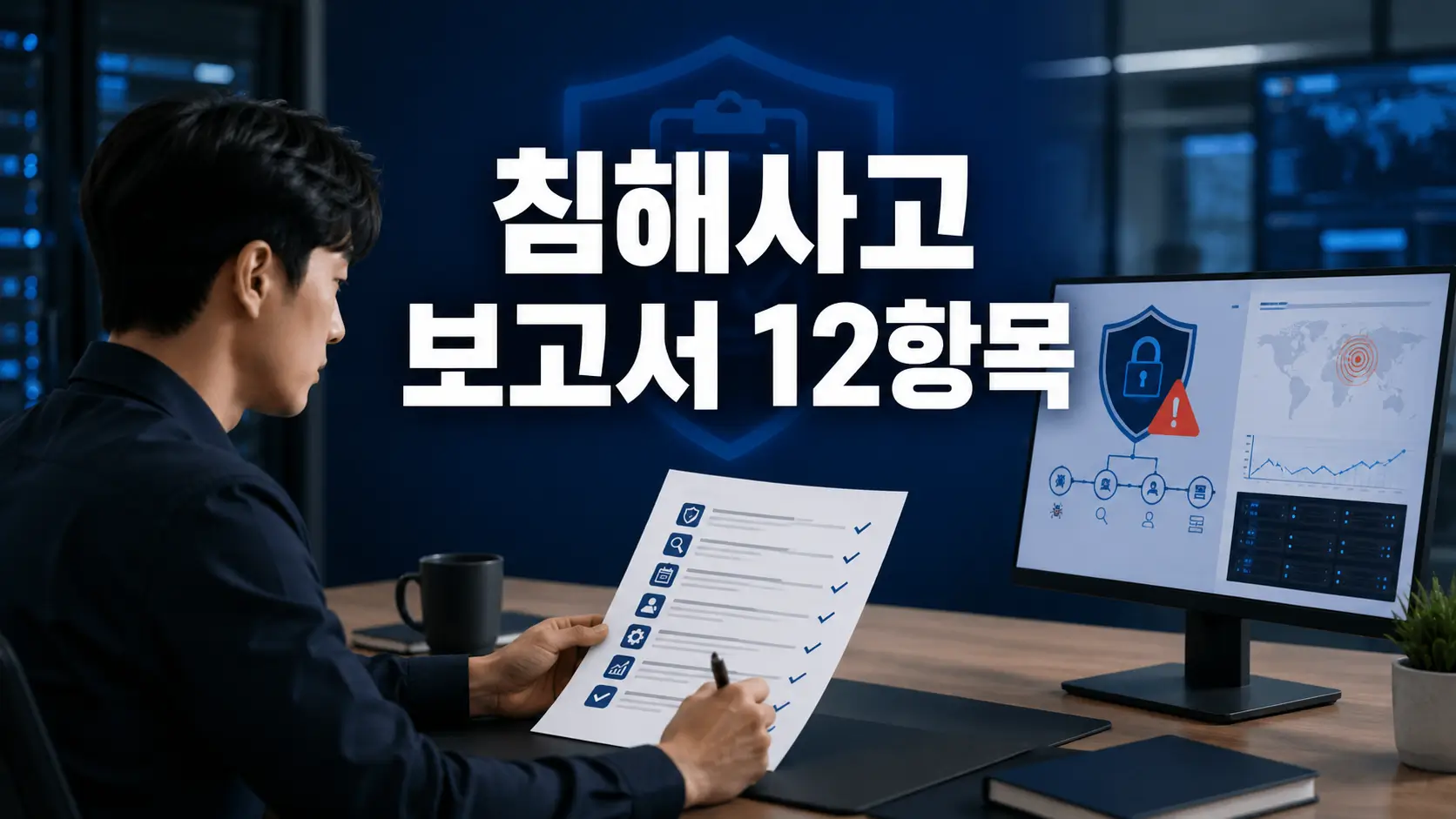 침해사고 대응 담당자가 보안 화면과 체크리스트를 확인하며 사고 보고서 12개 항목을 작성하는 모습