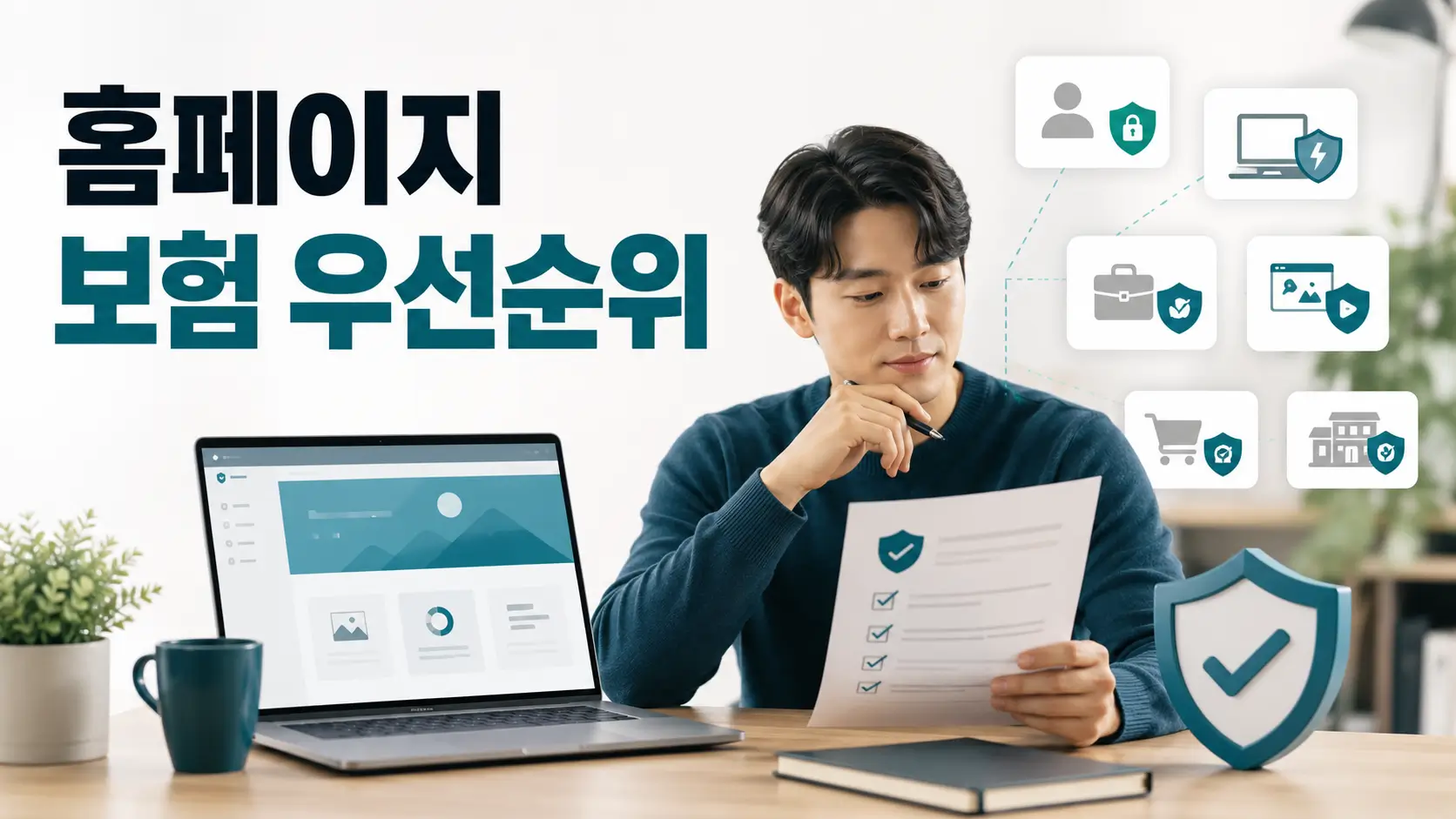 홈페이지 운영자가 사이트 기능과 위험에 맞춰 개인정보 배상책임, 사이버보험 등 필요한 보험의 우선순위를 검토하는 모습