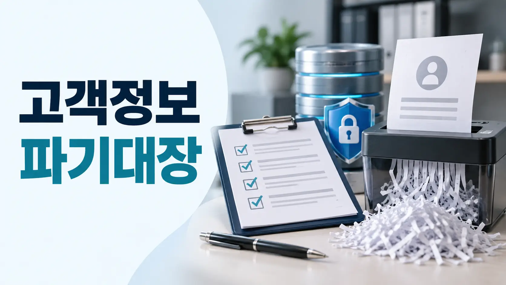 고객정보 파기대장과 개인정보 문서 파쇄 및 안전한 데이터 삭제를 표현한 장면