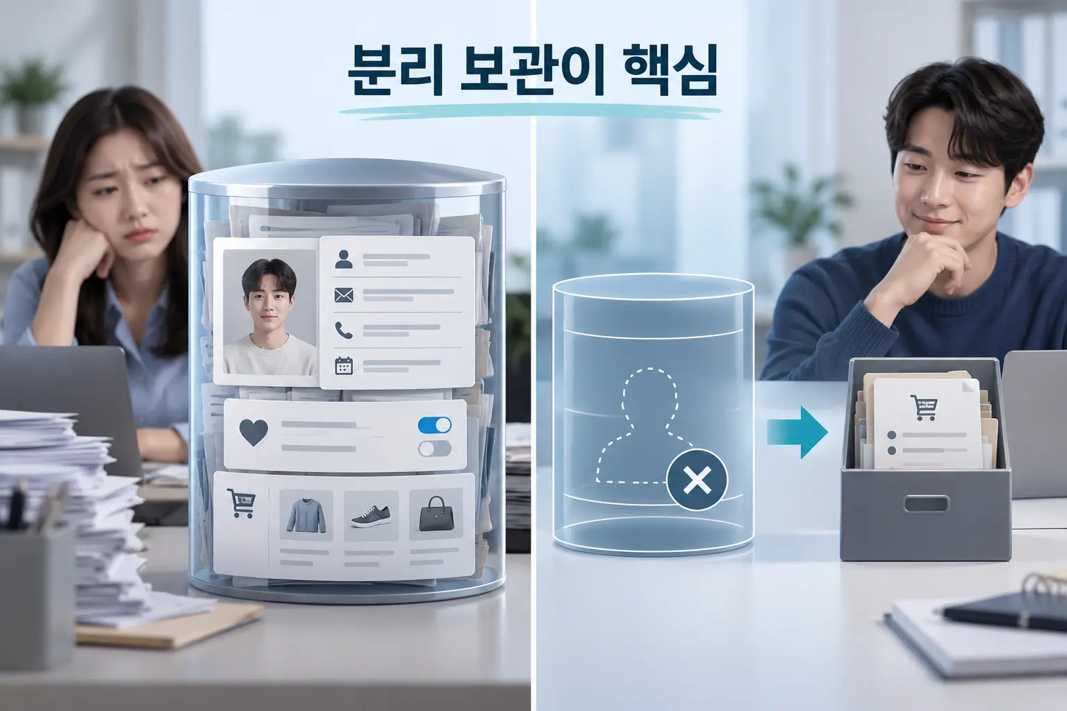 탈퇴 회원의 개인정보 전체를 보관하는 방식과 필요한 거래기록만 분리 보관하는 올바른 관리 방식을 비교한 모습
